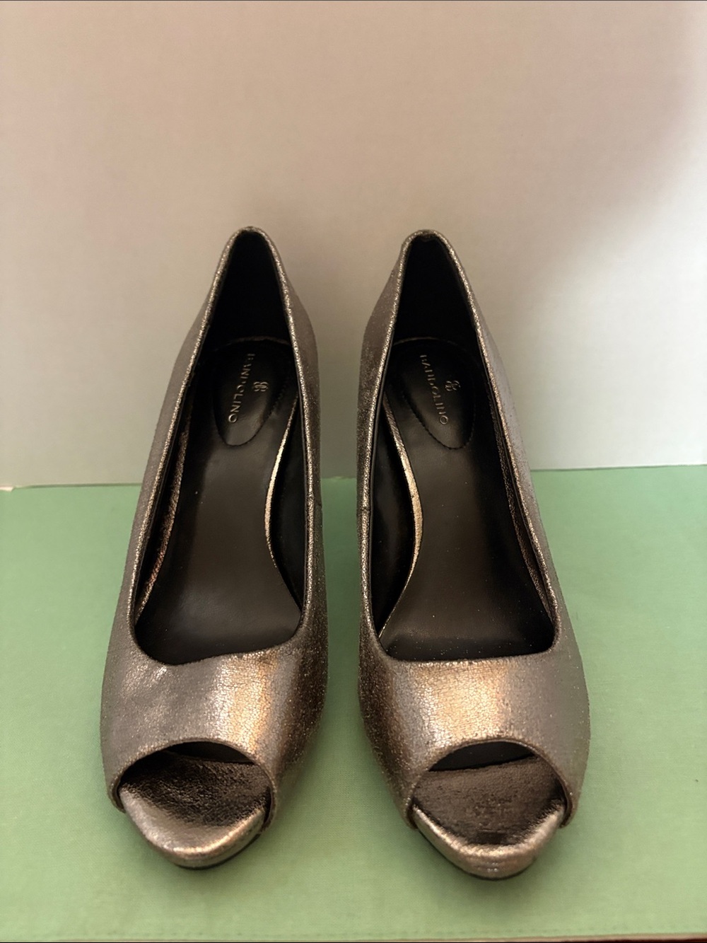 Bandolino Pewter Metallic Peep-Toe Heels